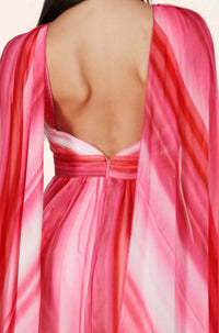 Red/Pink Mix Maxi Dress  with a high halter neckline and front keyhole cutout