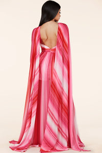Red/Pink Mix Maxi Dress  with a high halter neckline and front keyhole cutout