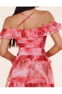 Red Tie Dye Ruffle Trim Strappy Maxi Dress 