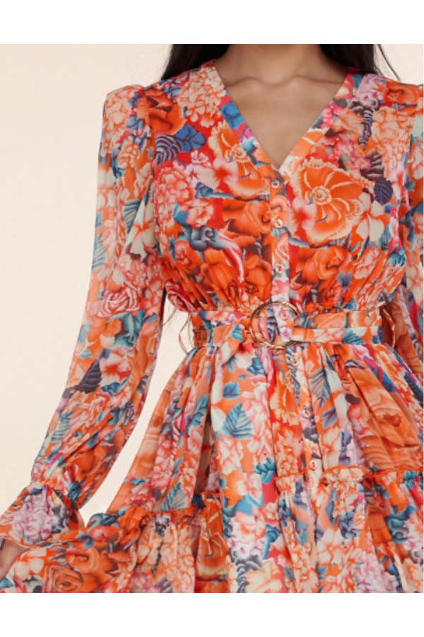 Multi Floral Print Maxi Dress Buttons from the V-neck Down to the Front Slit