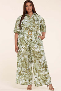 Olive Palm Print Jumpsuit with Self Fabric Belt