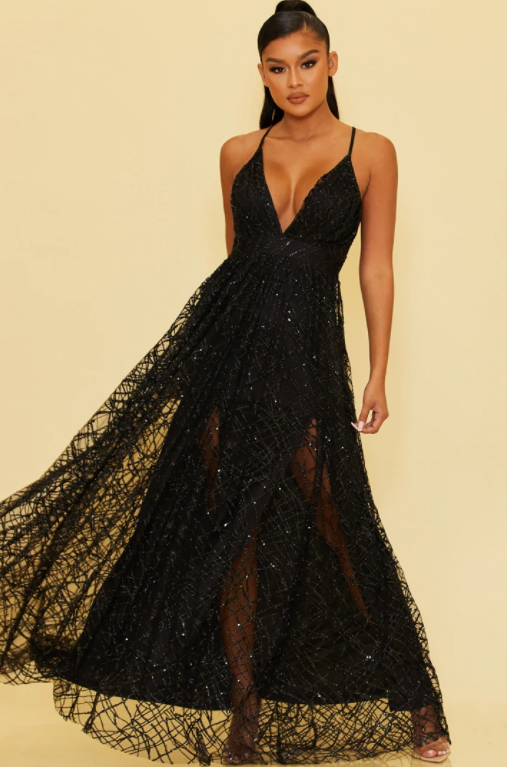 Glitter Sequin Mesh Maxi Gown