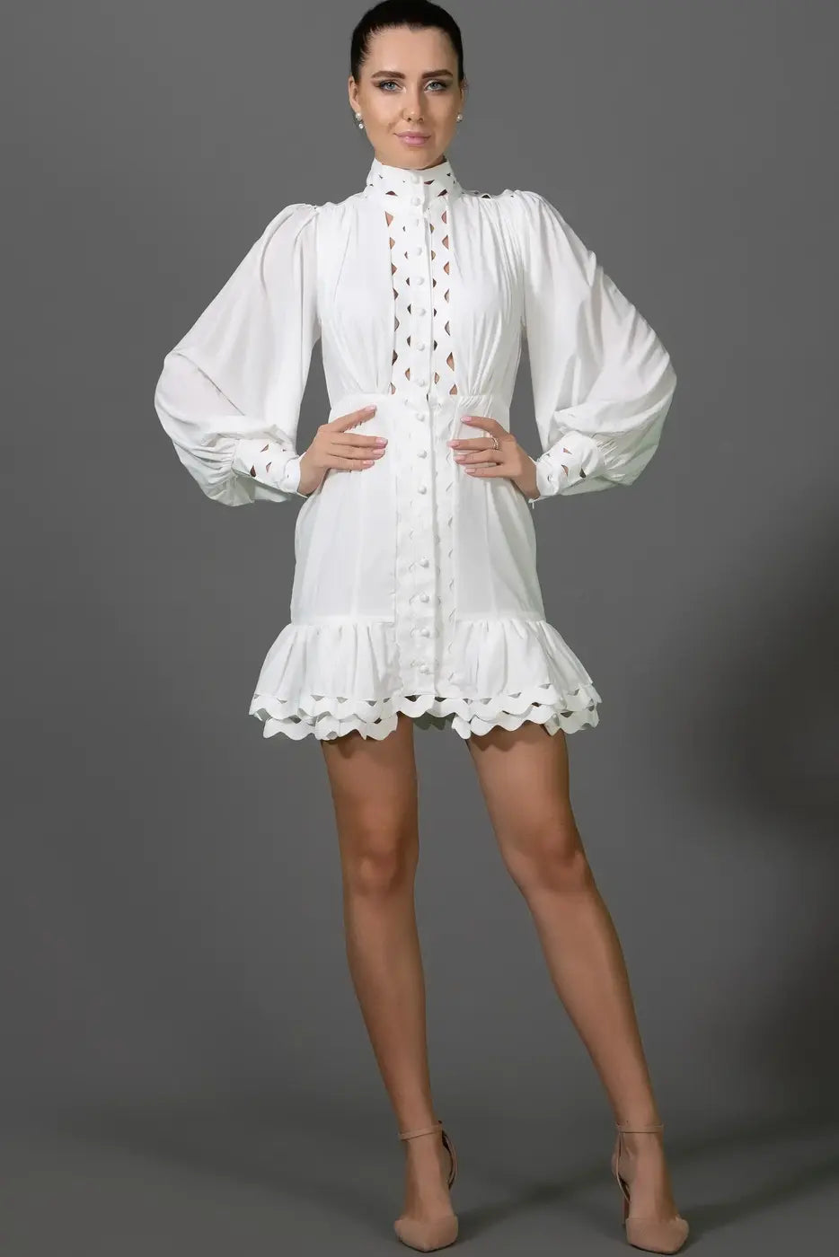 White Mock neck Bubble Sleeve Mini Dress