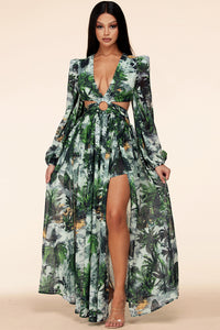 Green Wilderness Print Maxi Dress
