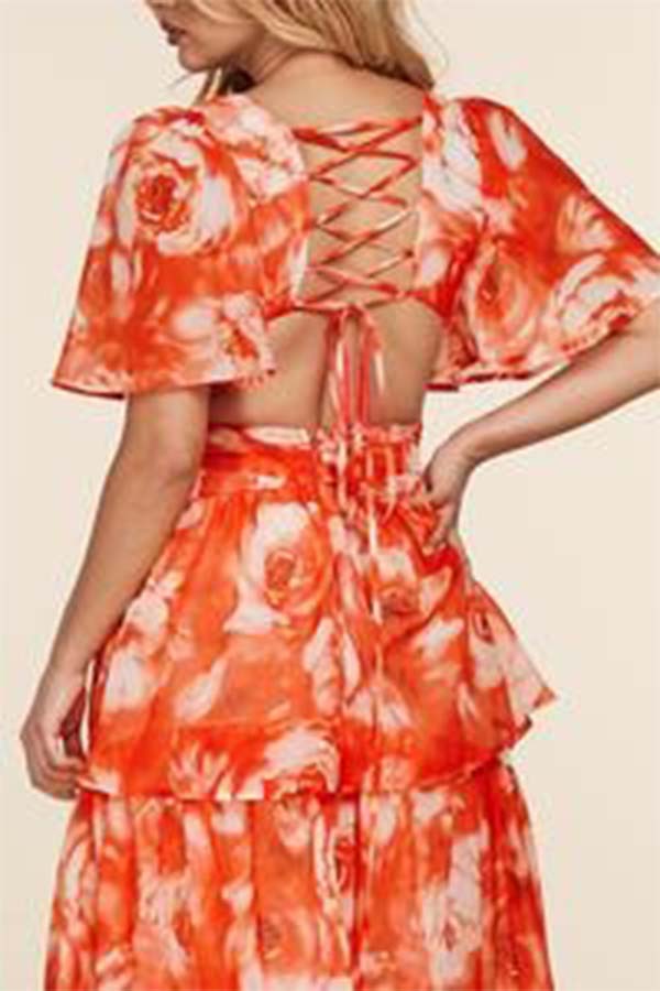 Orange Floral Short Sleeve Maxi Dress
