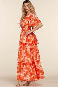 Orange Floral Short Sleeve Maxi Dress