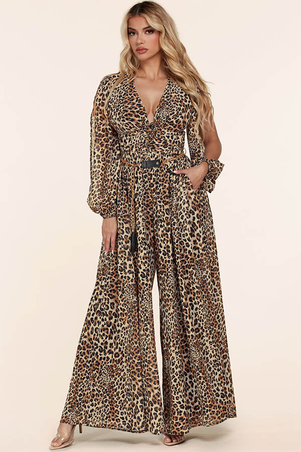 Long Sleeve Leopard Print Jumpsuit with a V-Neckline