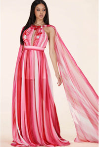 Red/Pink Mix Maxi Dress  with a high halter neckline and front keyhole cutout