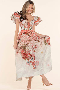 Rose Floral Print Maxi Dress with Puff Sleeve