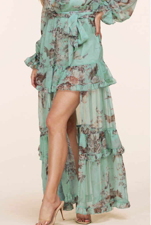 Sage Floral Print Long Sleeve Maxi Dress