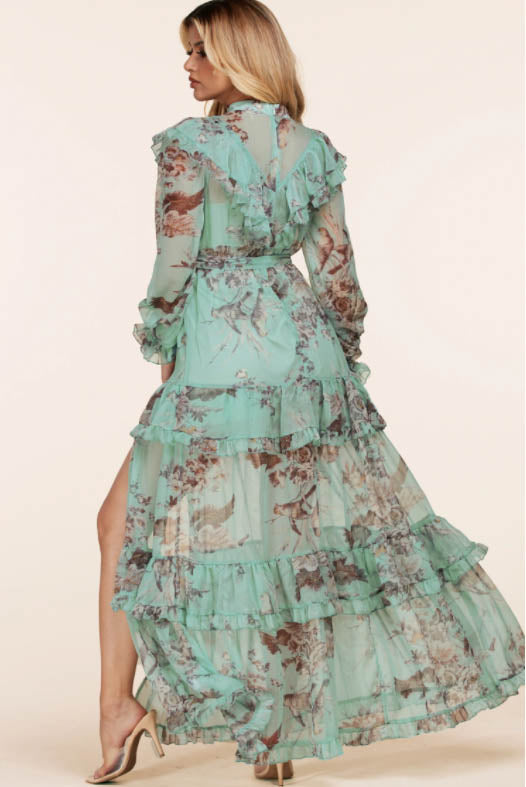 Sage Floral Print Long Sleeve Maxi Dress