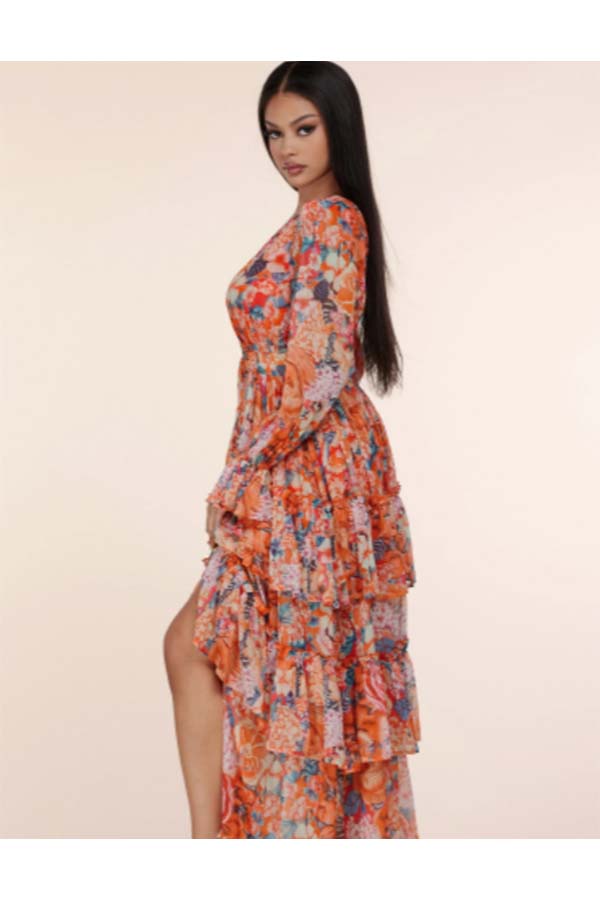 Multi Floral Print Maxi Dress Buttons from the V-neck Down to the Front Slit