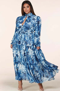 Blue Printed Long Sleeves High Neck Chiffon Long Dress
