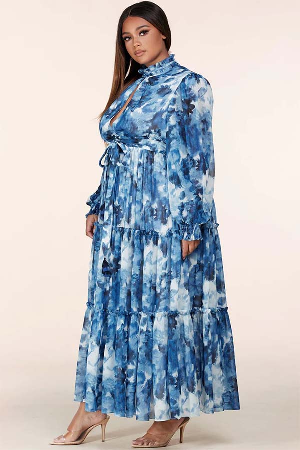 Blue Printed Long Sleeves High Neck Chiffon Long Dress