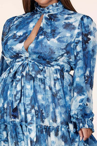Blue Printed Long Sleeves High Neck Chiffon Long Dress