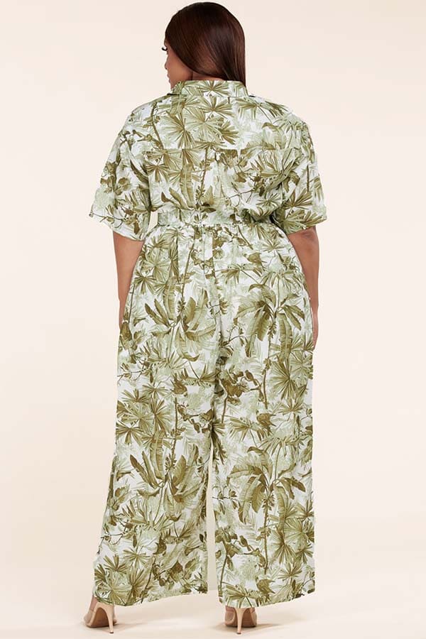 Olive Palm Print Jumpsuit with Self Fabric Belt