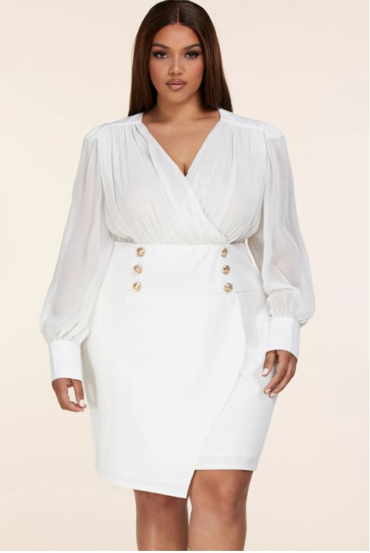 Long Sleeve White Plus Mini Dress with Padded Shoulders