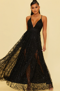Glitter & Sequin Mesh Maxi  Gown