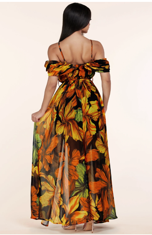 Black Floral Cold-Shoulder Maxi Dress
