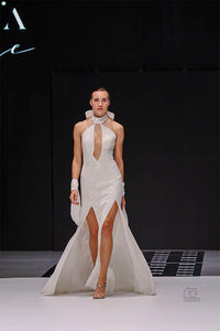 White Sequin Long  Evening Dress with Front Side Slit